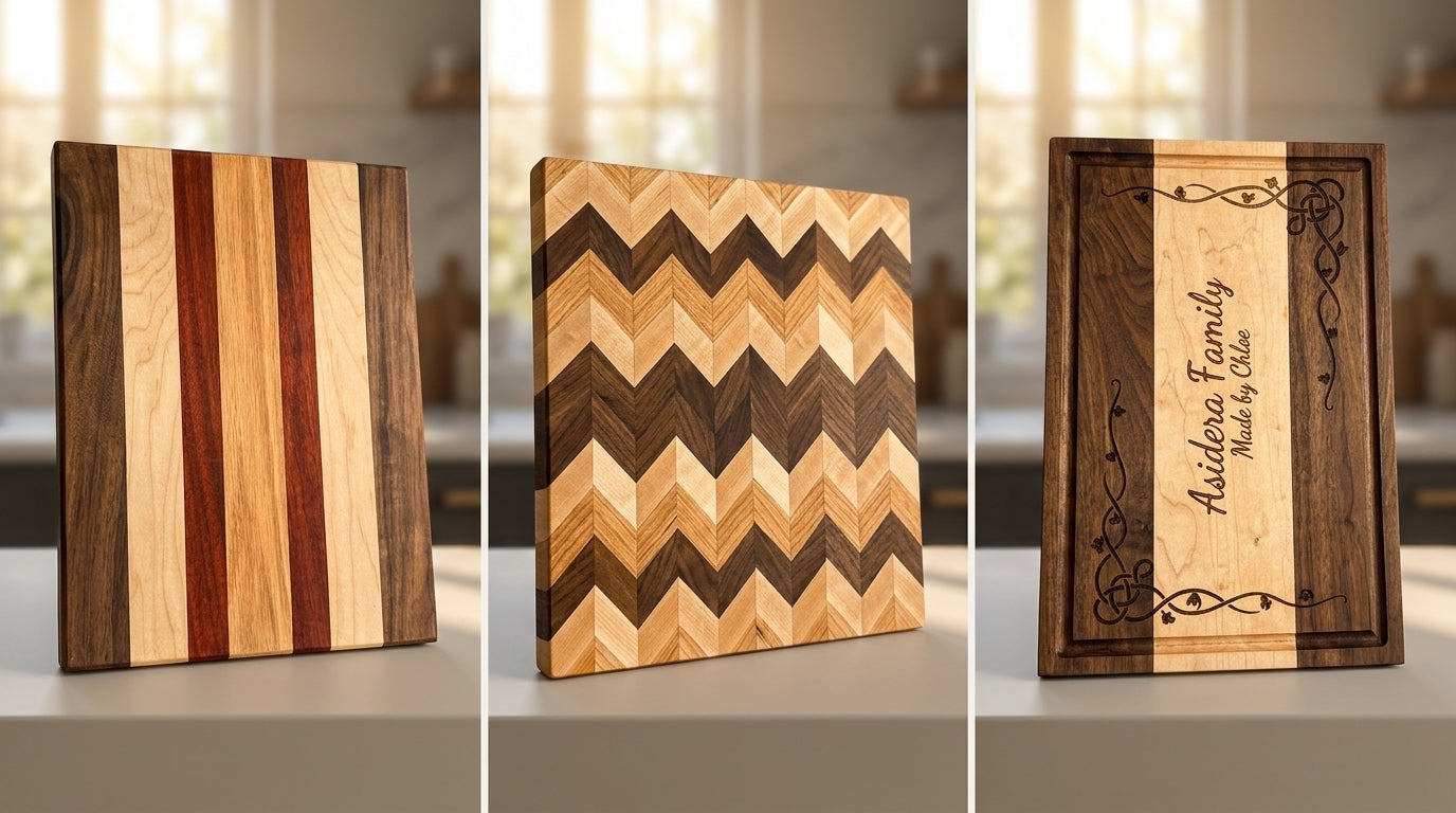 Handmade striped, zig-zag, and engraved cutting boards