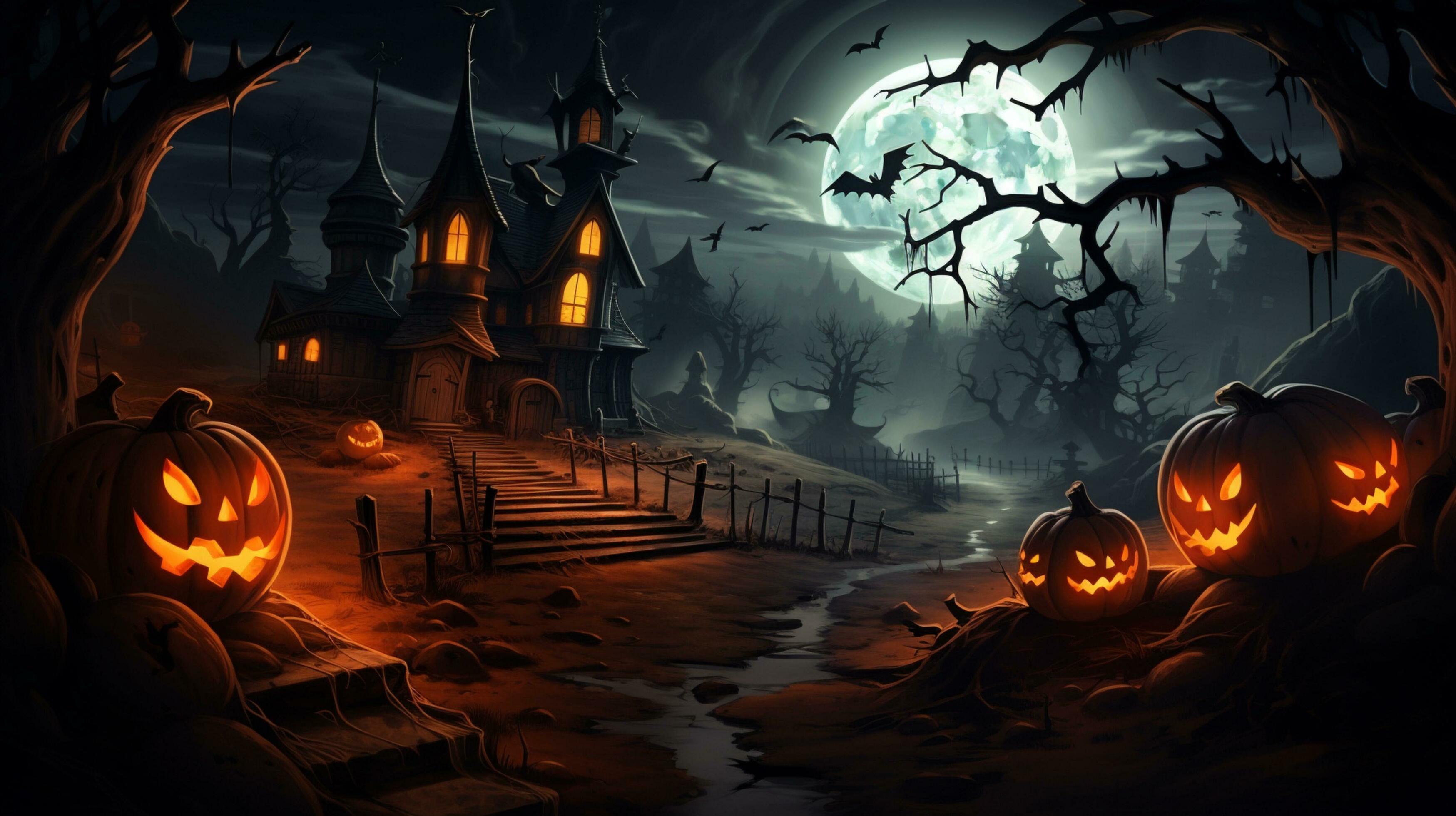 Halloween night with pumpkins, a haunted house, and a full moon